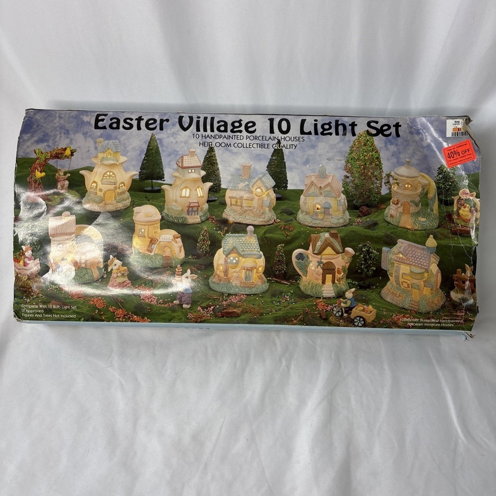 Vtg Easter Village Light Set 10 Handpainted Porcelain House Heirloom Collectible